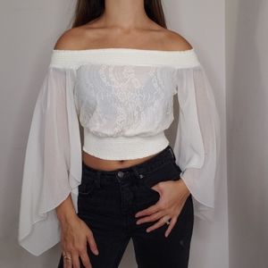 Womens white crop top off the shoulders Bebe